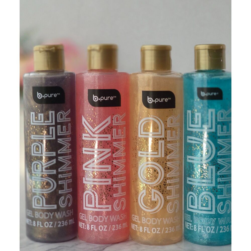 b.pure Shimmer Gel Body Wash 4 Piece Set Purple Pink Gold Blue 8 oz